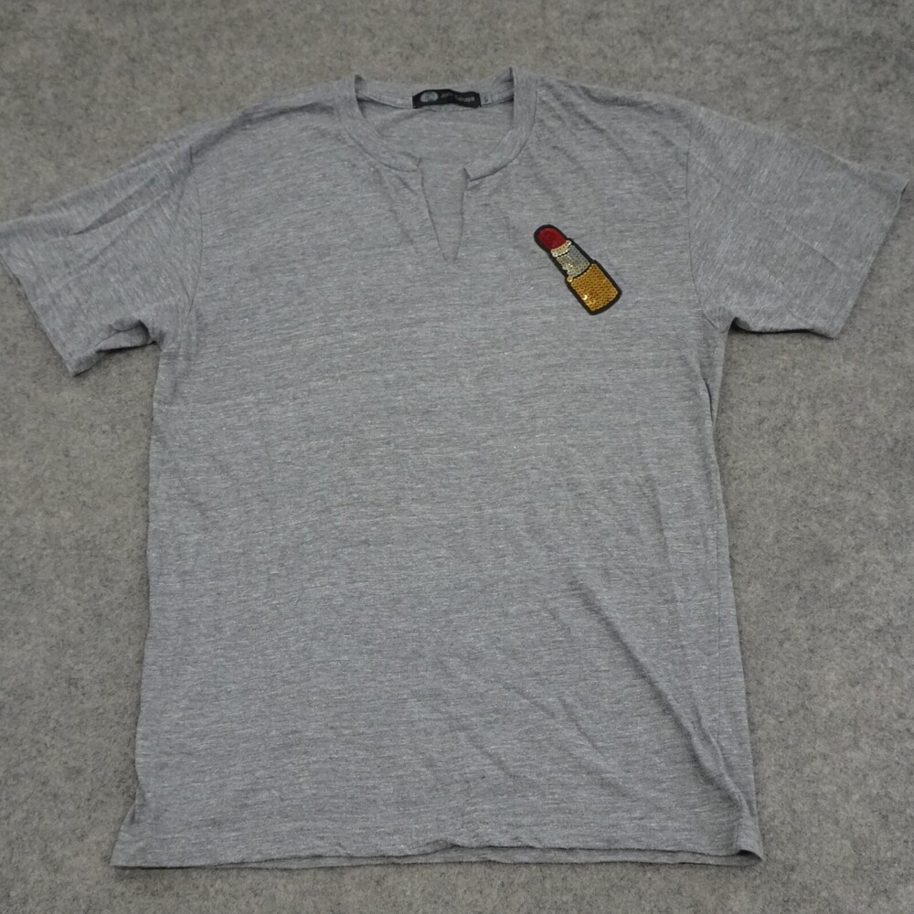 Jet John Eshaya Womens Shirt Gray Medium M Lipstick Appliqué Tee Henley